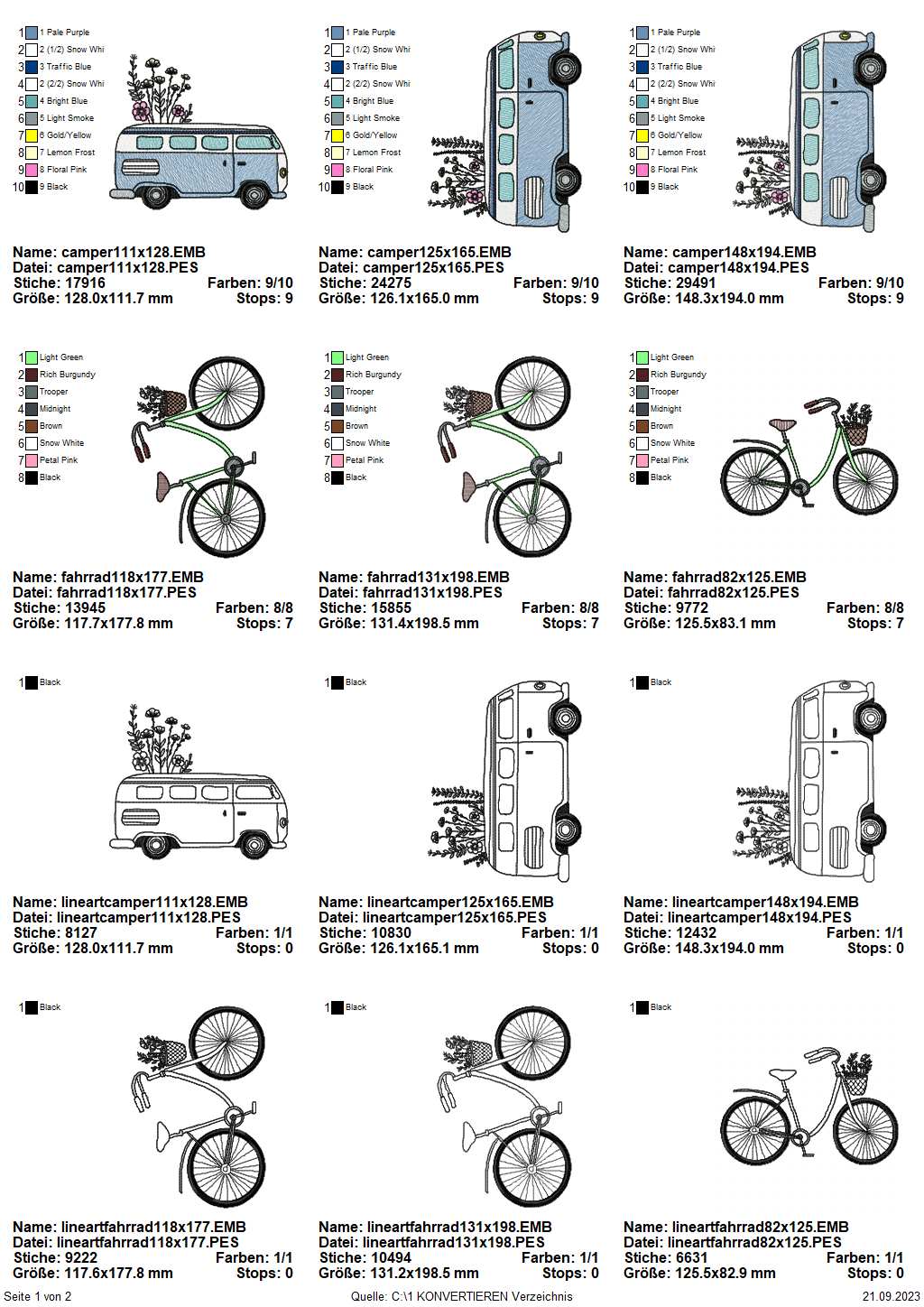 Seite 1 Übersicht Stickdateien Retro-Fahrzeuge Camper, Fahrrad und Roller