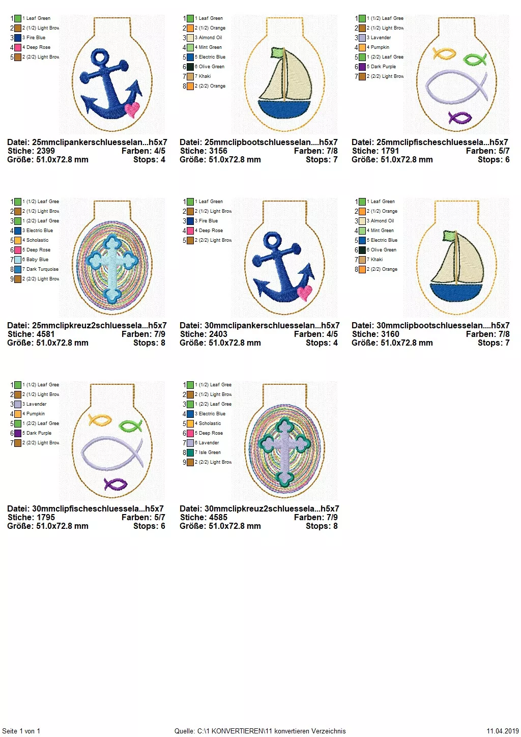 Stickdatei Set 4 Schlüsselanhänger mit christlichen Symbolen