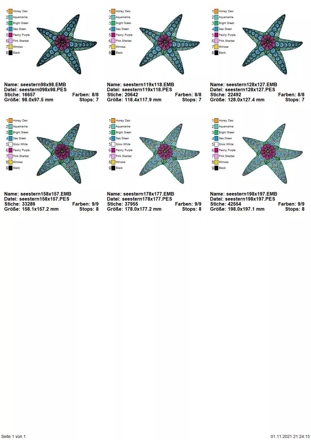 Stickdatei Seestern in 6 Größen