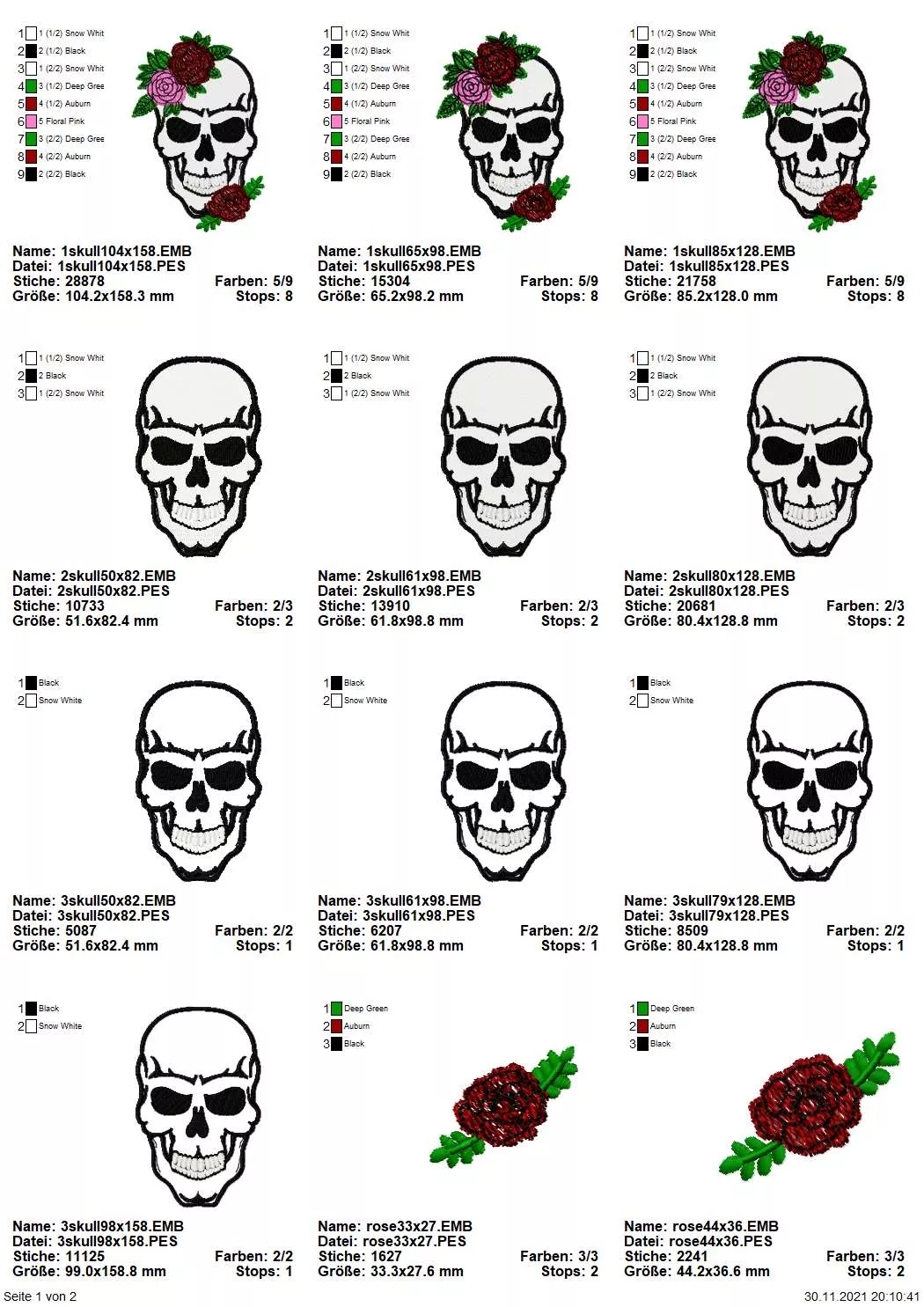 Stickdatei Set Skull with Roses in verschiedenen Variationen Seite 1
