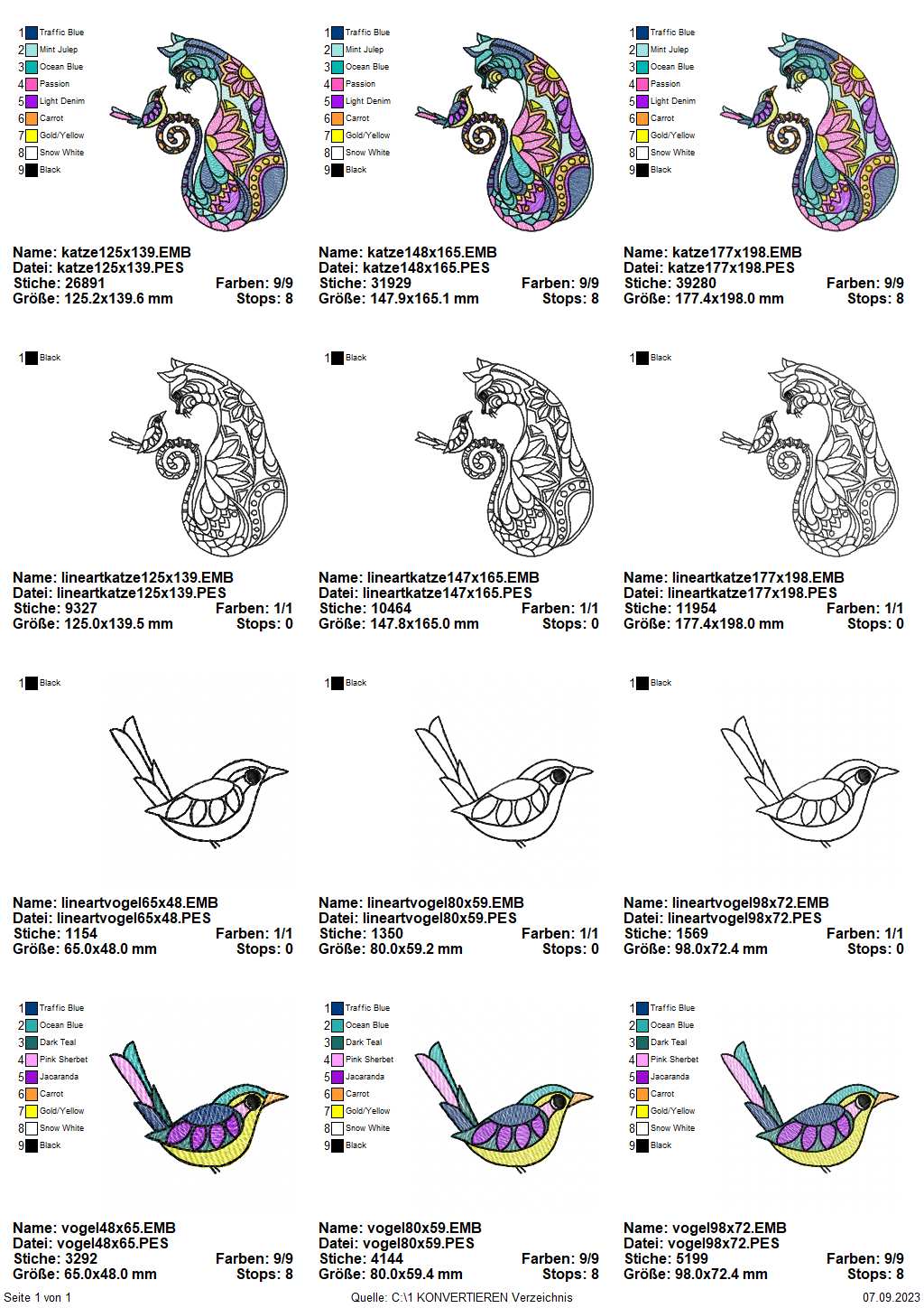 Stickdateien Übersicht Katze mit Vogel. Ein buntes Stickmotiv mit Mandalafüllung.