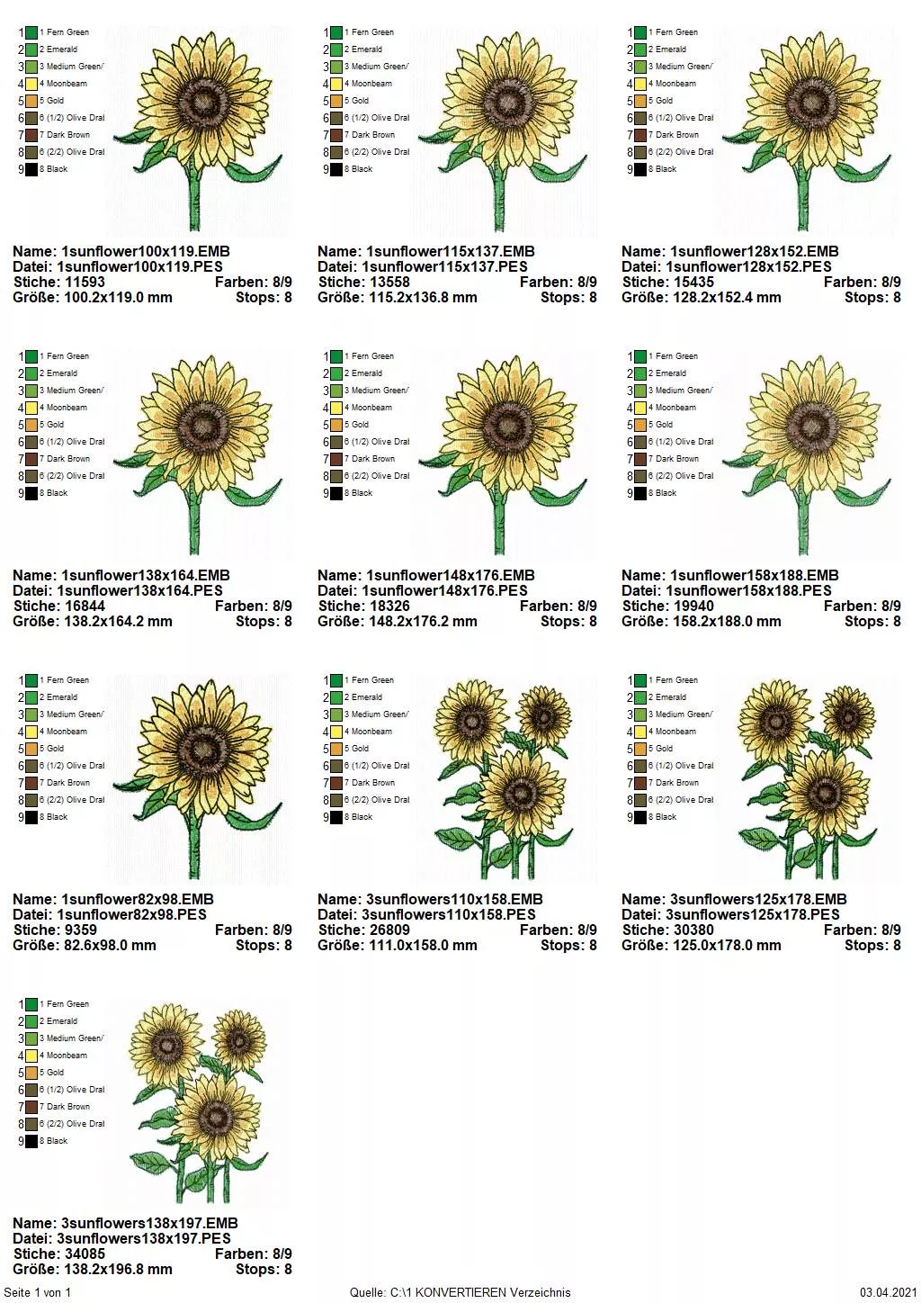 Stickdatei Set Sunflowers (div. Größen)