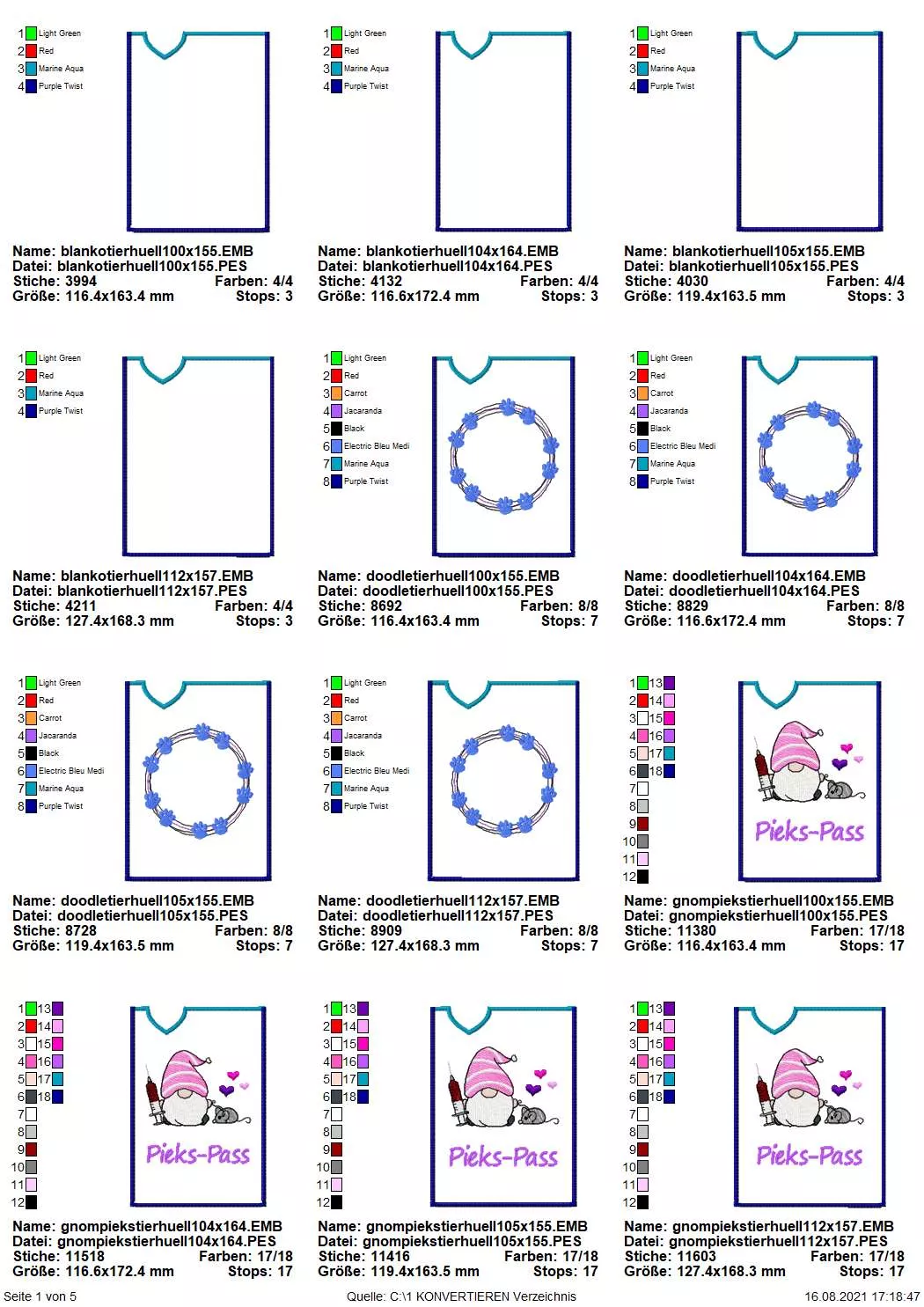 Stickdatei Set ITH TIERPASS-Hüllen 13 Designs (13x18) Seite 1