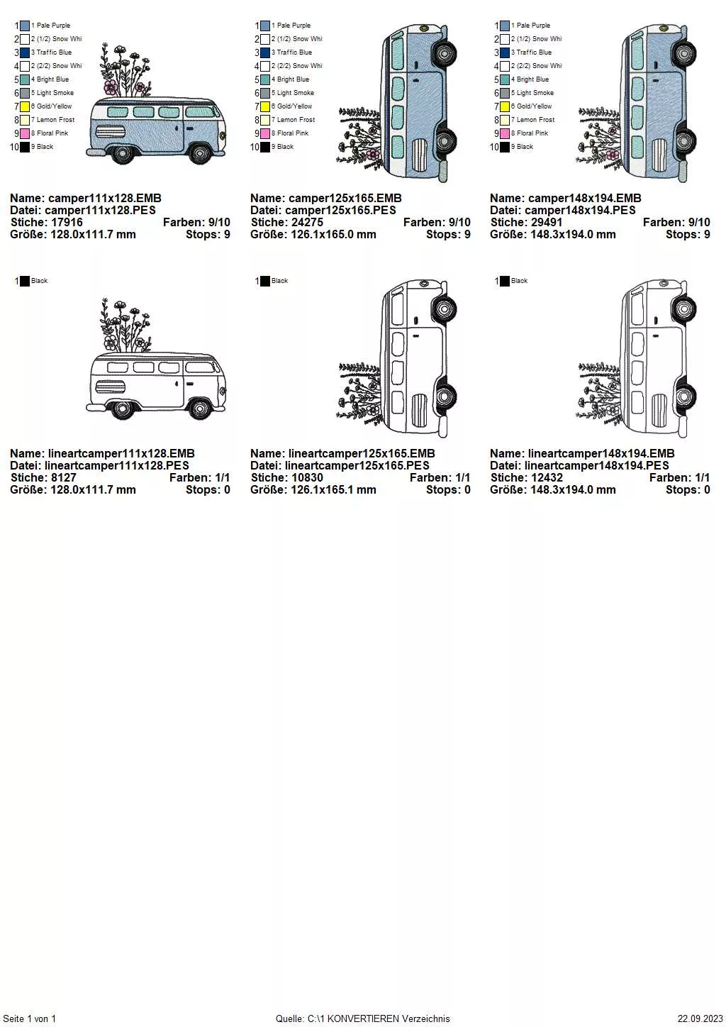 Stickdatei Camper Übersicht 3 Größen mit und ohne Füllflächen.