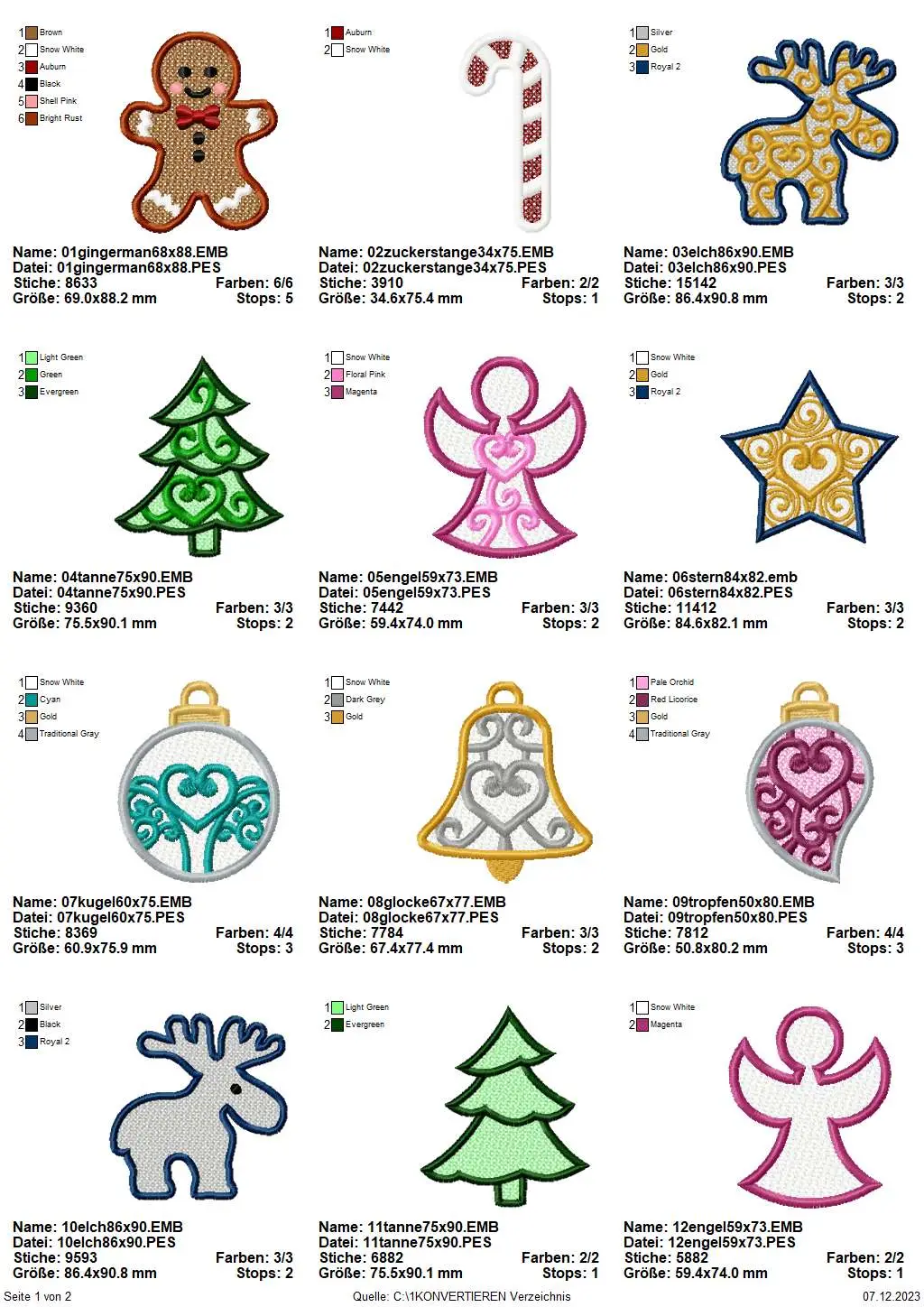 Streudeko Stickdateien Übersicht Seite 1 mit Lebkuchenmann, Elch, Tanne, Engel, Christbaumkugel und Stern