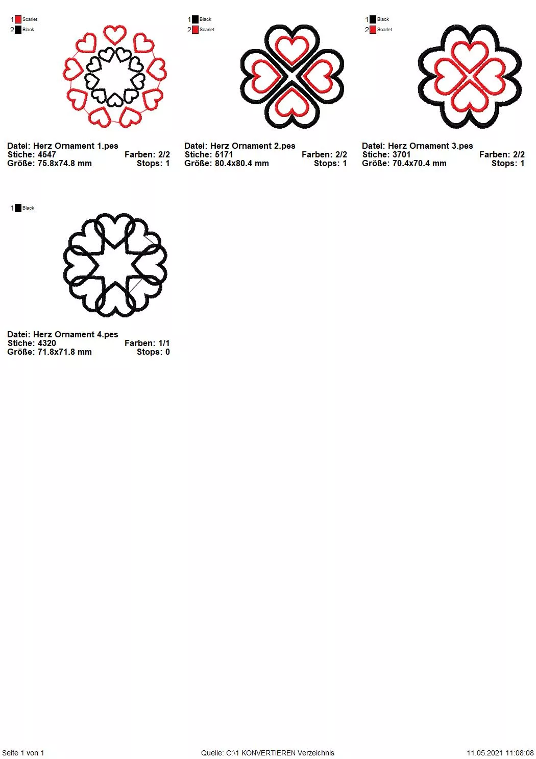 Stickdatei Set Herz Ornamente 8 x 8 / 7,6 x 7,5 / 7 x 7 / 7,2 x 7,2 cm