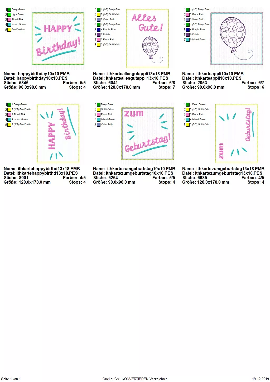 Stickdatei Set ITH Geburtstagskarten (10x10 u. 13x18)
