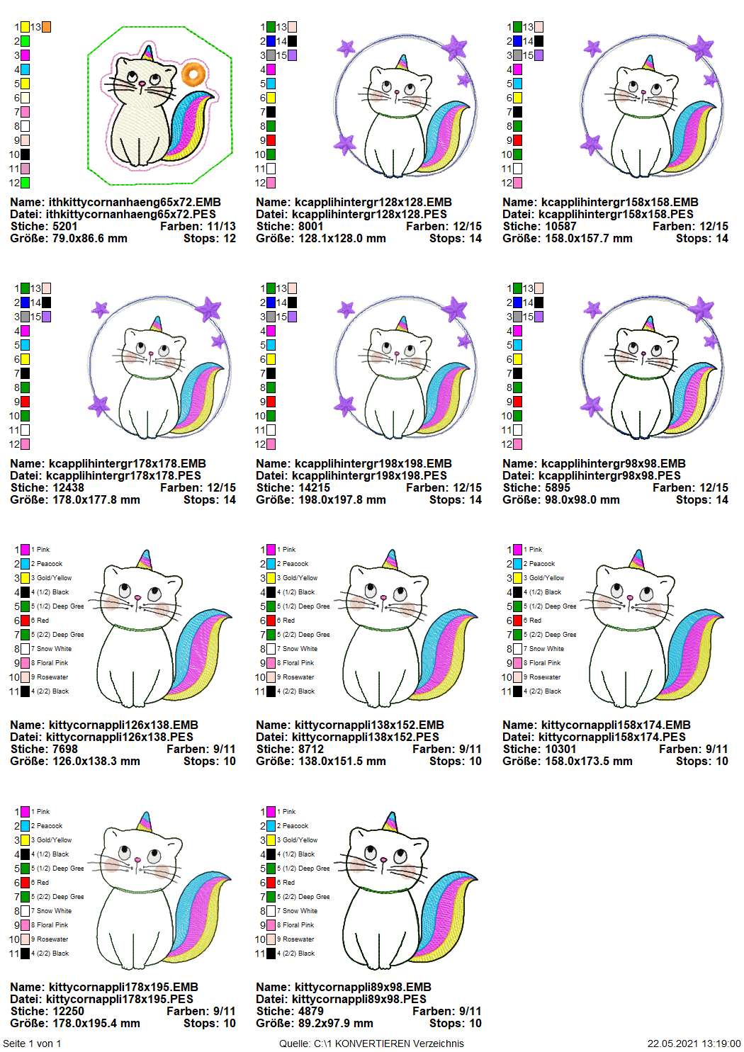 Stickdatei Set KittyCorn Doodle-Applikation inkl. ITH Anhänger