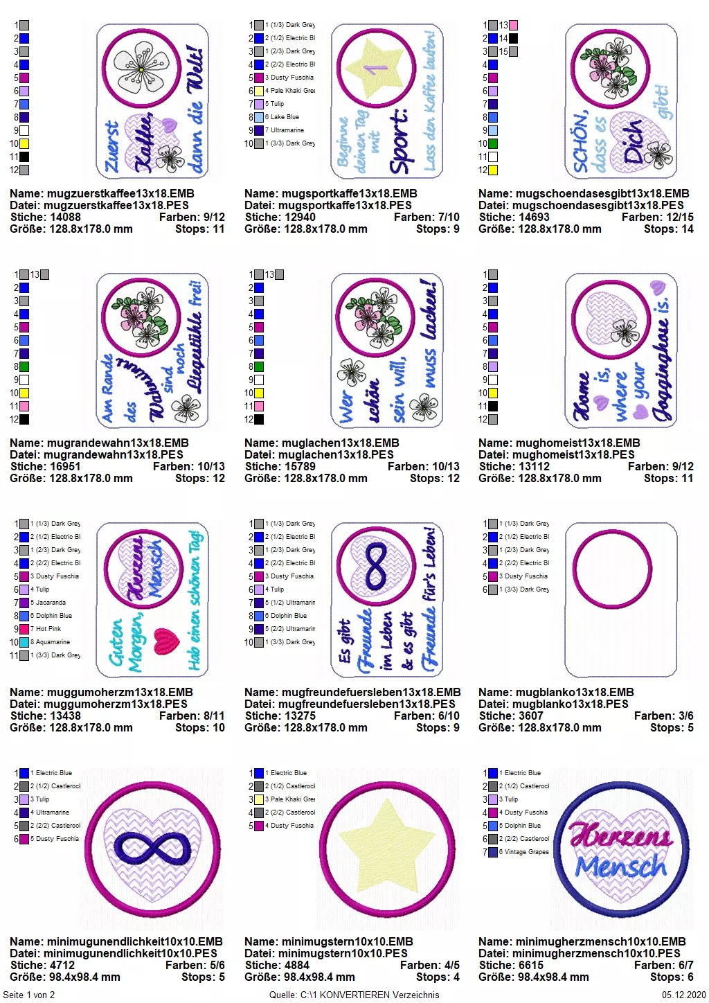 Stickdatei Set ITH Mug Rugs (10x10 und 13x18) Seite 1