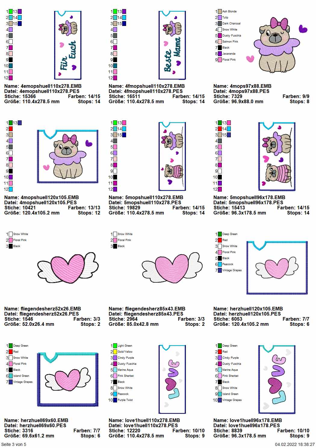 Stickdatei Set Valentinsmöpse ITH Schokihüllen für z.B. Milka und Ritter-Sport.