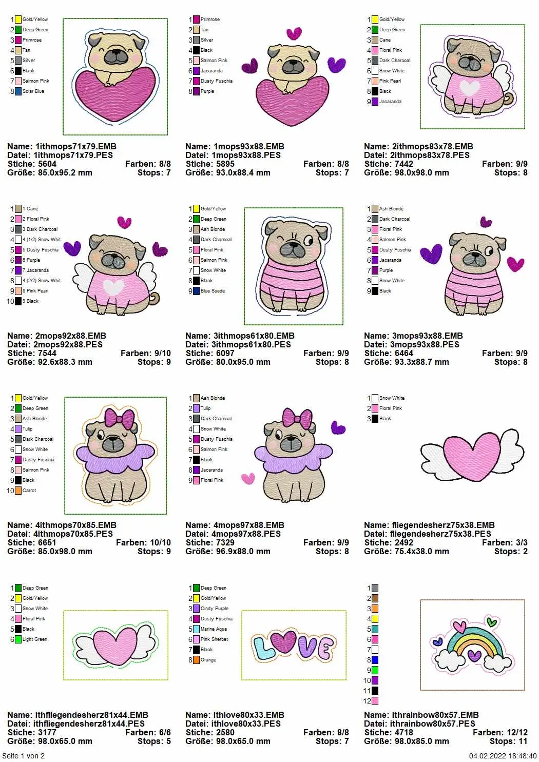 Stickdatei Set Valentinsmöpse ITH Stabdesigns für Stabdeko