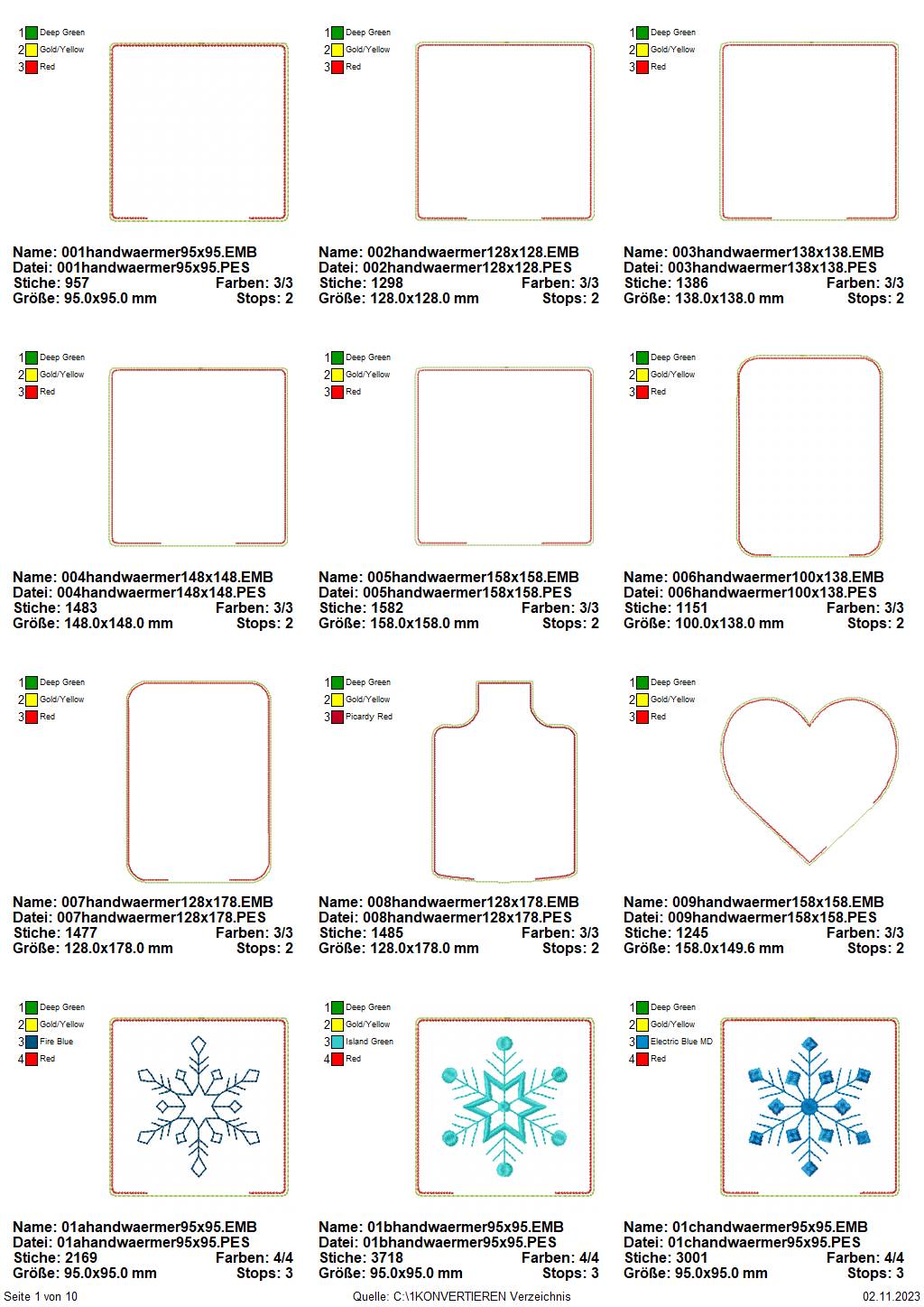 Stickdatei Set ITH Körnerkissenhüllen Übersicht S. 1