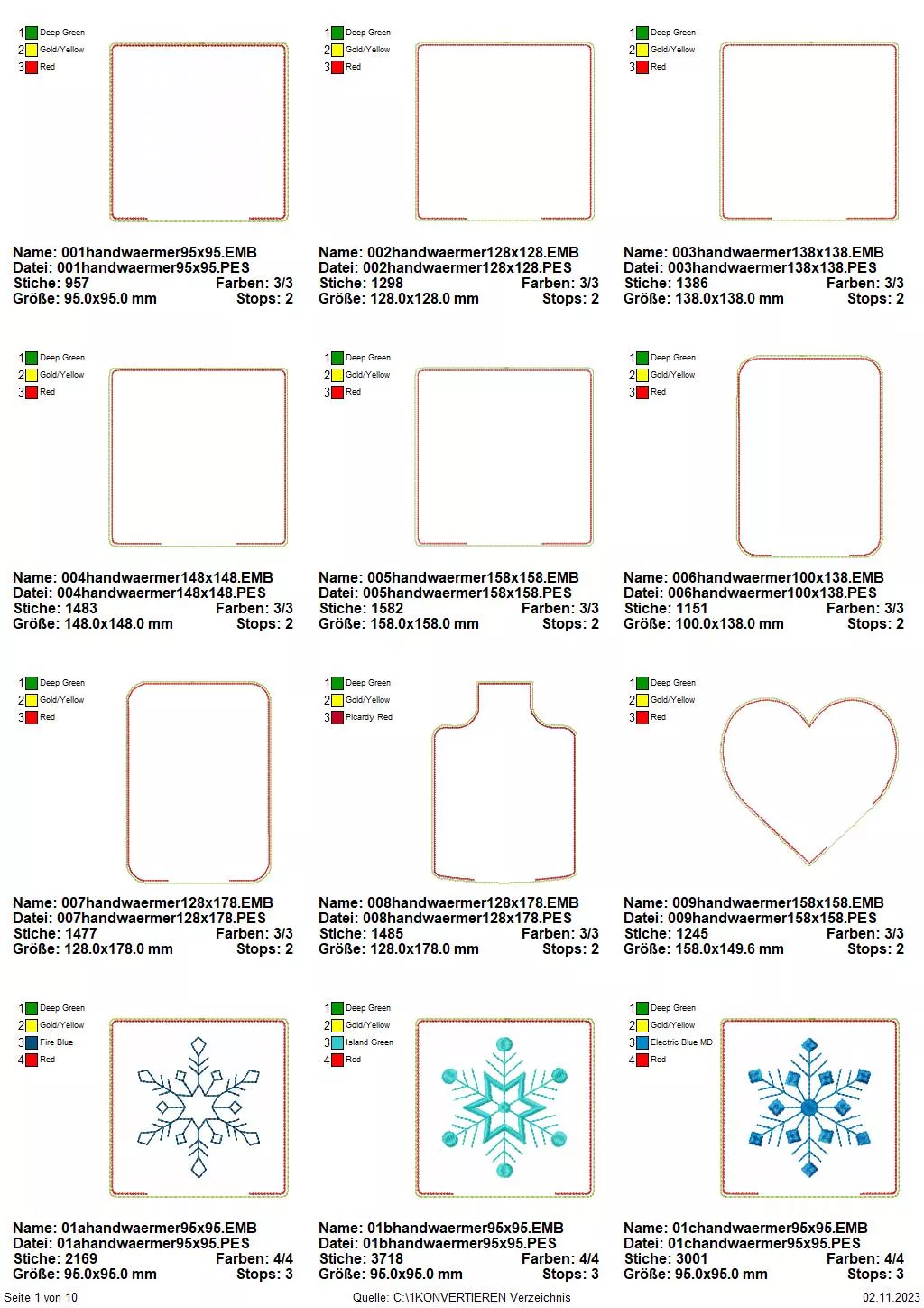 Stickdatei Set ITH Körnerkissenhüllen Übersicht S. 1